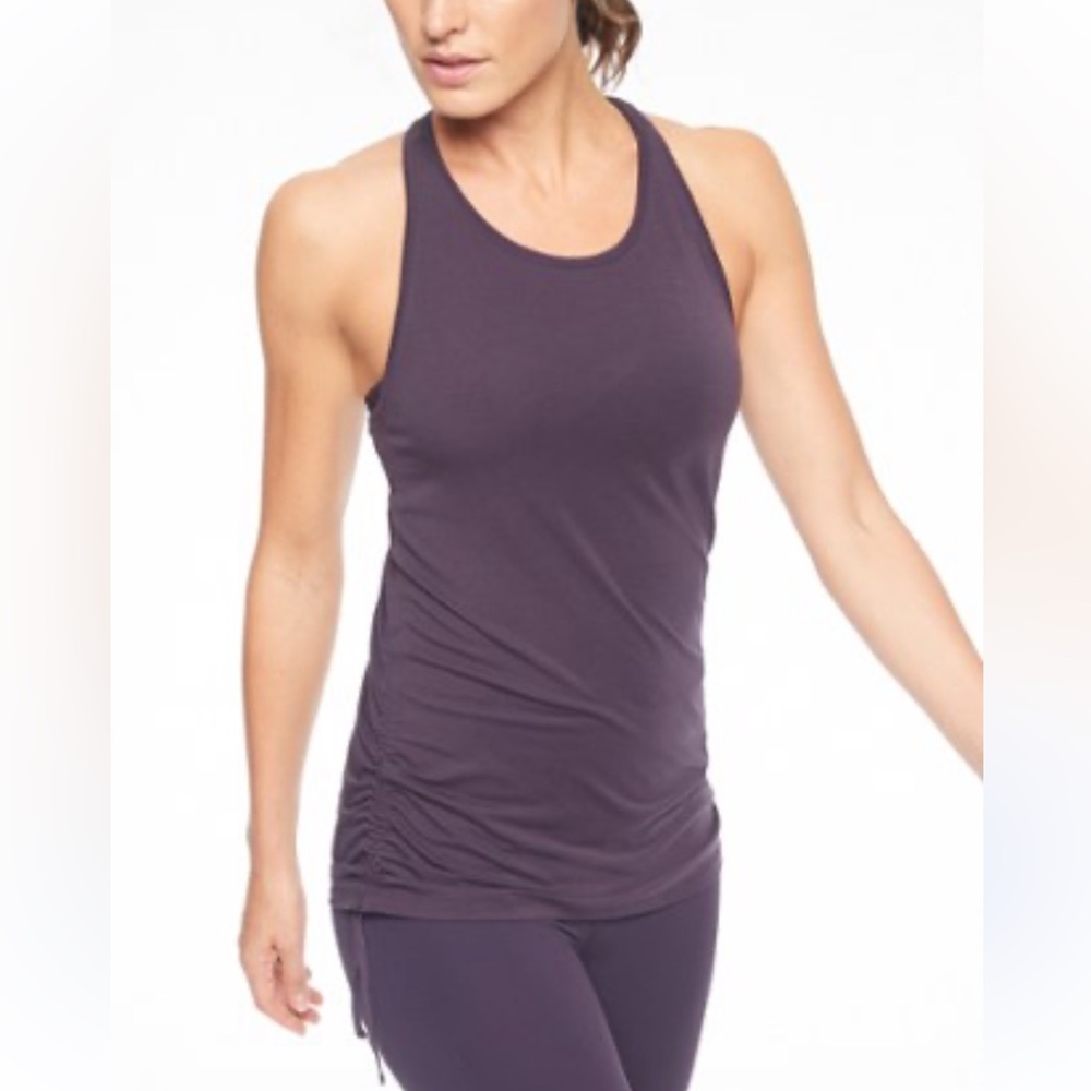 383 Athleta Encore Ruched Racerback Tank Purple Workout Top XS Athletic